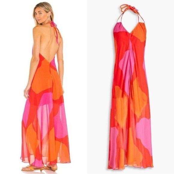 Vix Paula Hermanny Dresses & Skirts - Vix Paula Hermanny Red Pink Orange Backless Flowy Halter Maxi Dress Small